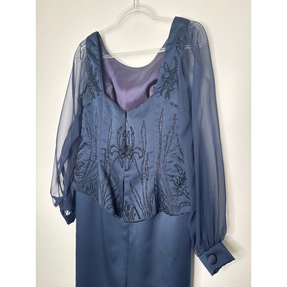1990s Eve of Milady Navy Beaded Evening Dress with Sheer Sleeves M - L - Picture 9 of 14